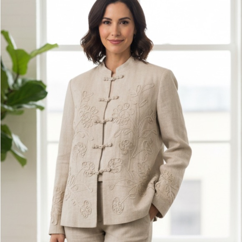 Talbots Fresh 100% Linen Embroidered Mandarin Collar Blazer  Size 10